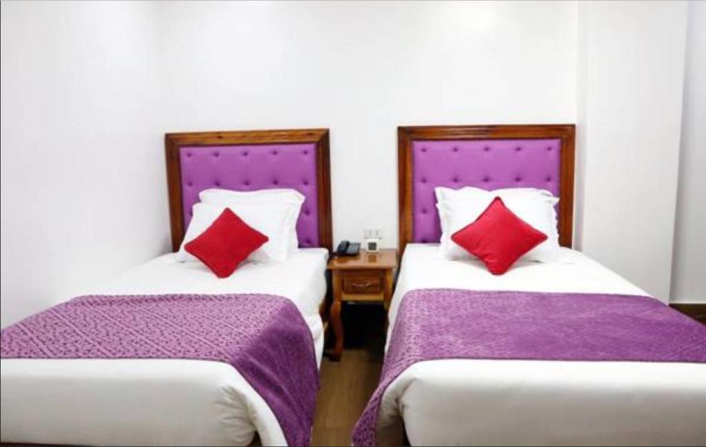 2 camas en una habitación con almohadas moradas y rojas en CLN Boutique Hotel en Tacloban