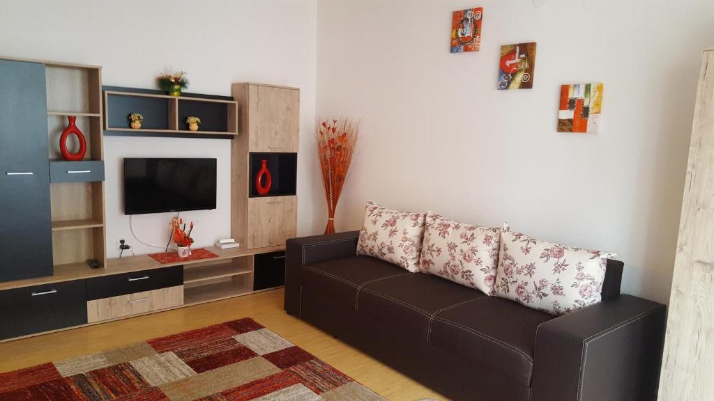 een woonkamer met een bank en een flatscreen-tv bij Apartament Maria in Floreşti