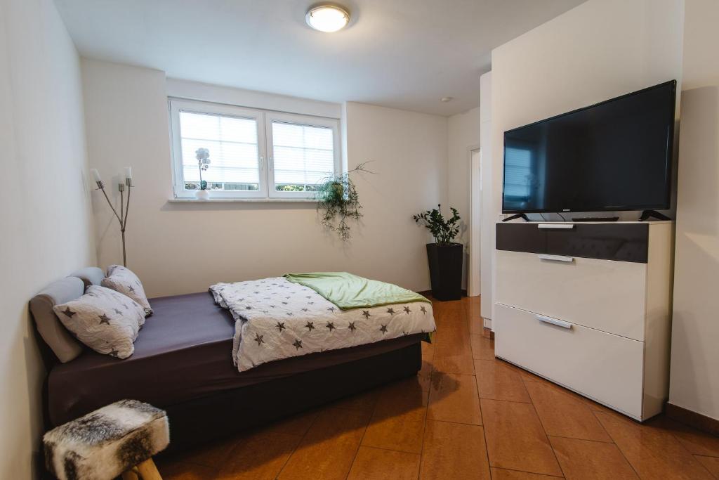 a living room with a flat screen tv and a bed at Apartment 1 Zimmer EG in Ratingen