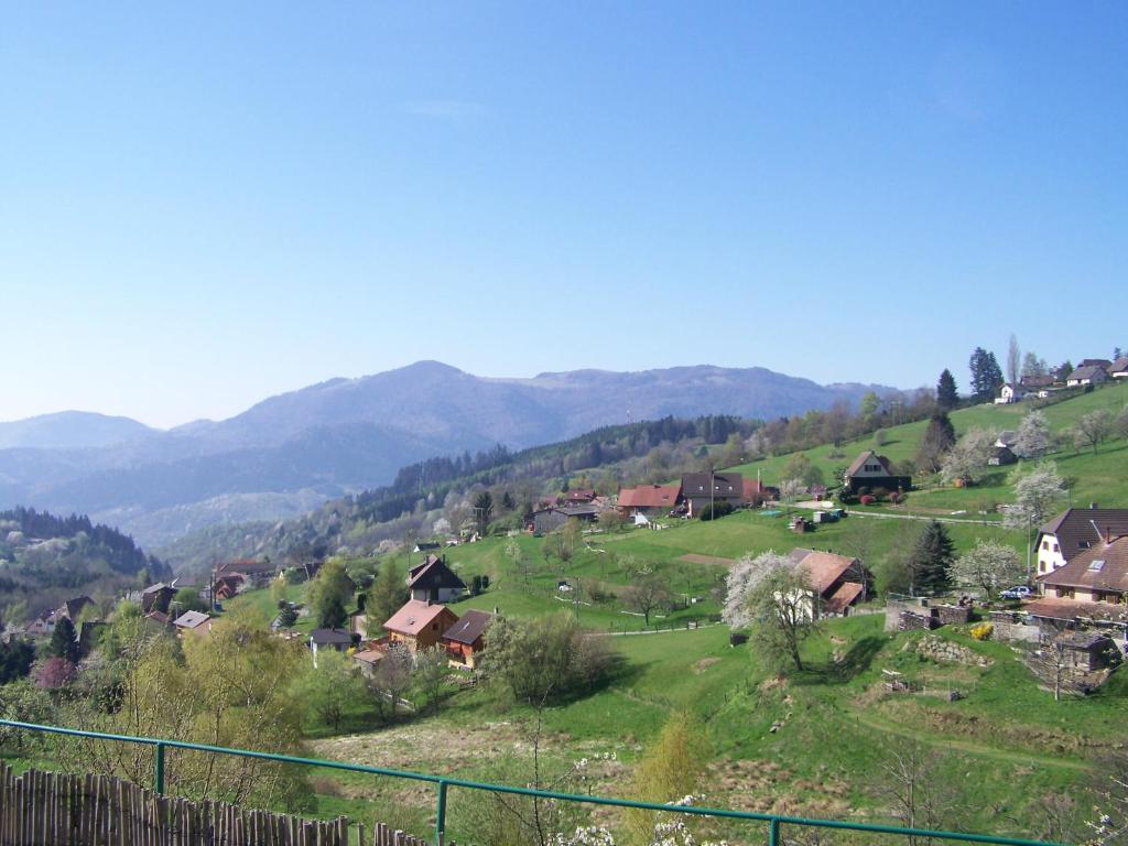 un pequeño pueblo en una colina con montañas en el fondo en Les Lupins en Geishouse