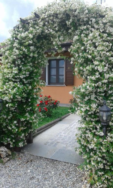 a large hedge of flowers in front of a house at Agriturismo Cascina Aguzza in Oleggio