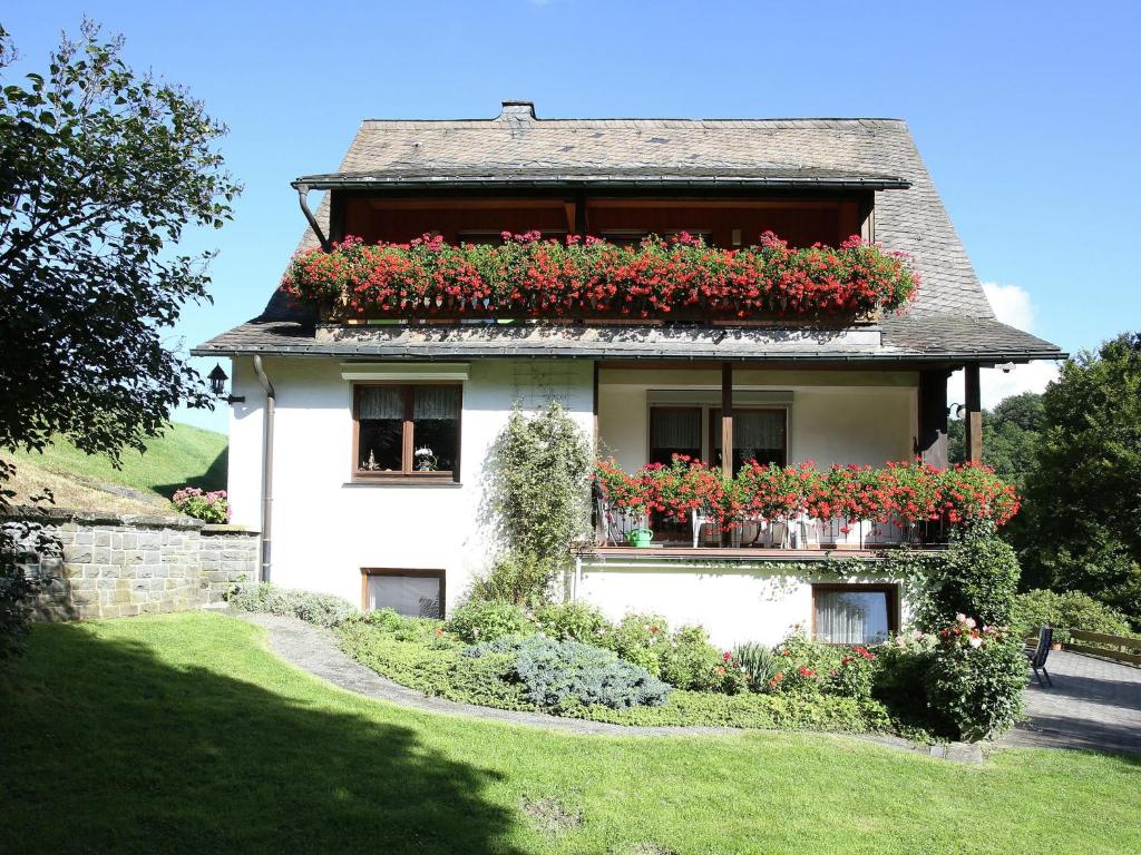 シュマレンベルクにあるLovely Apartment in Oberkirchen near Golfing and Horse Ridingの窓に花箱を設けた家