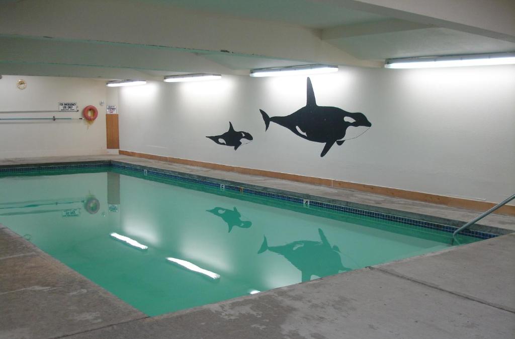 een zwembad met een muurschildering van haaien op de muur bij The Dublin House Motel in Yachats