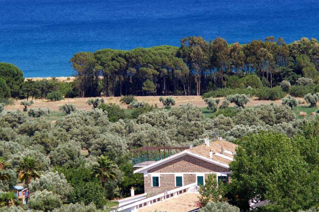 an aerial view of a house with trees and the ocean at Oasi del Governatore in Squillace