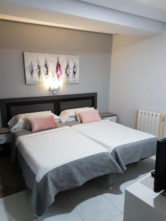 1 dormitorio con 2 camas y almohadas rosas en Hostal la Picota, en Liencres