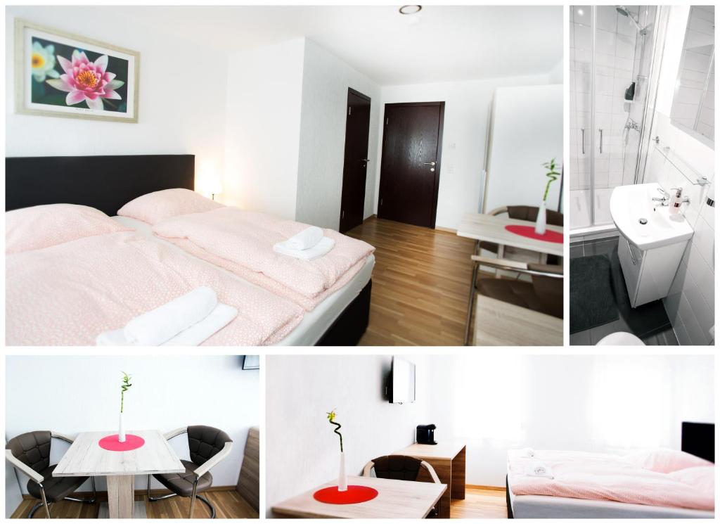 een kamer met een bed, een badkamer en een wastafel bij Waldheim in Nürtingen