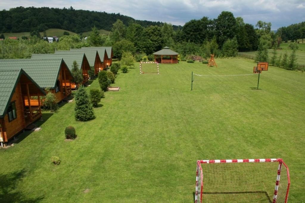 a soccer field with a goal in the grass at Domki i pokoje przy ujściu in Solina