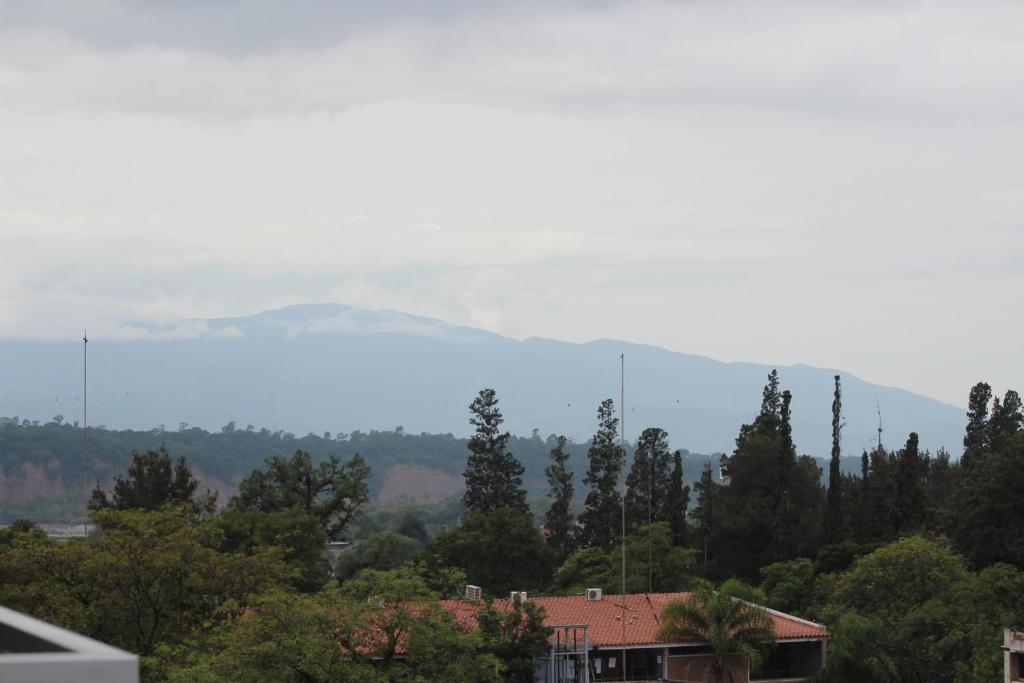 uma montanha à distância com casas e árvores em Temporarios B & B em San Salvador de Jujuy