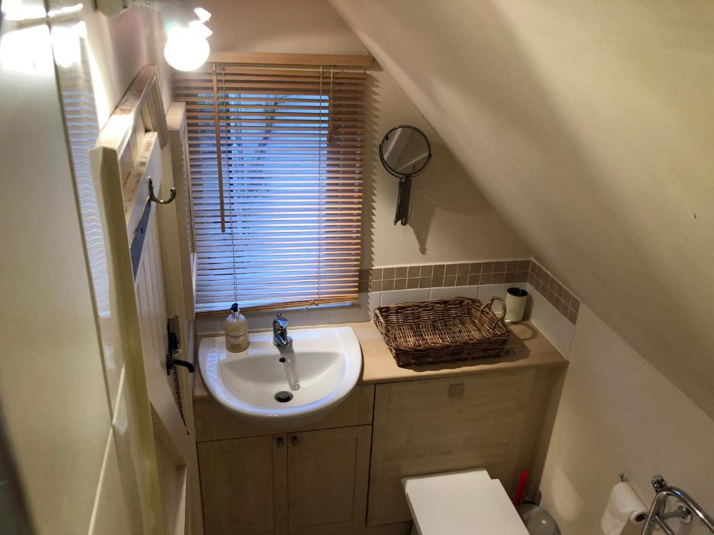 a small bathroom with a sink and a toilet at The Apple Loft in Westleton