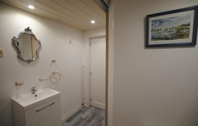 uma casa de banho com um lavatório e um espelho na parede em Le pigeonnier em Dampierre-le-Château