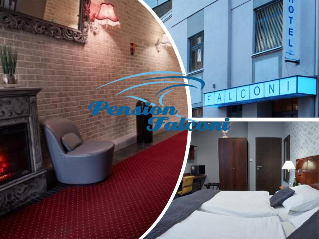 Habitación de hotel con cama, silla y chimenea en Pension Falconi en Kolín