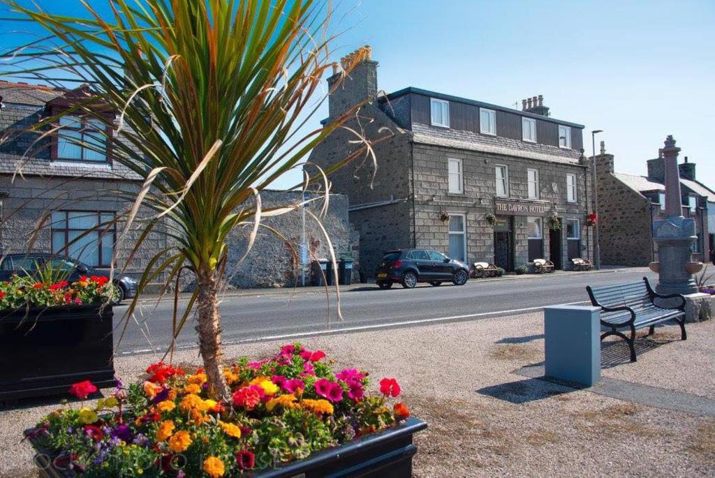 a park with a palm tree and flowers in front of a street at The Davron Hotel in Fraserburgh