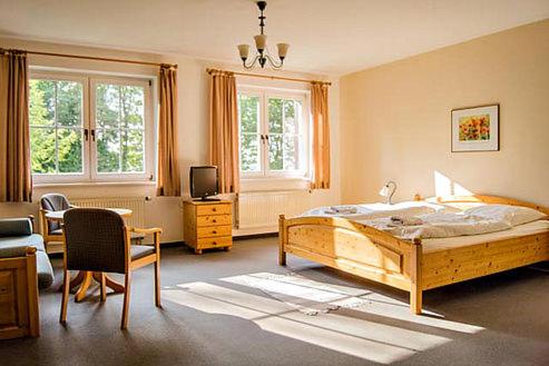 a bedroom with a bed and a desk and a tv at Bürger- und Berggasthaus Scheibenberg in Scheibenberg