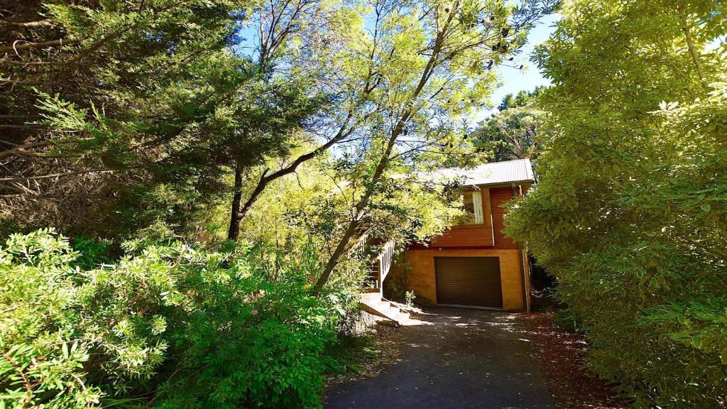 a house with a garage in the middle of a forest at Santosha Glade near the Everglades in Leura