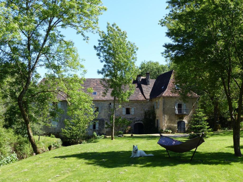 una casa antigua con una hamaca en el patio en Moulin de Latreille, en Calès