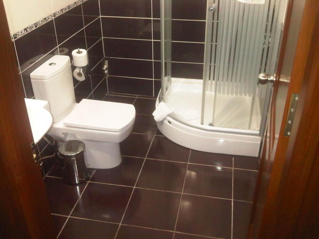 a bathroom with a toilet, sink, and shower stall at Basileus Hotel in Istanbul