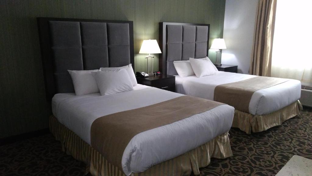 ein Hotelzimmer mit 2 Betten und 2 Lampen in der Unterkunft Paradise Inn and Suites Redwater in Redwater