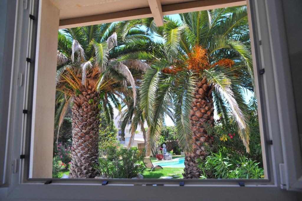 two palm trees are seen through a window at Villa Valflor chambres d'hôtes et appartements in Marseille
