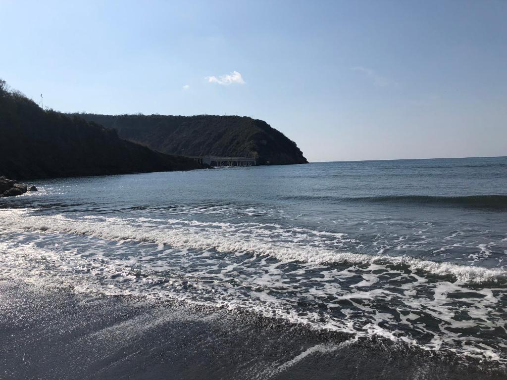 uma praia com um corpo de água e uma montanha em Casa Cucurullo em Procida