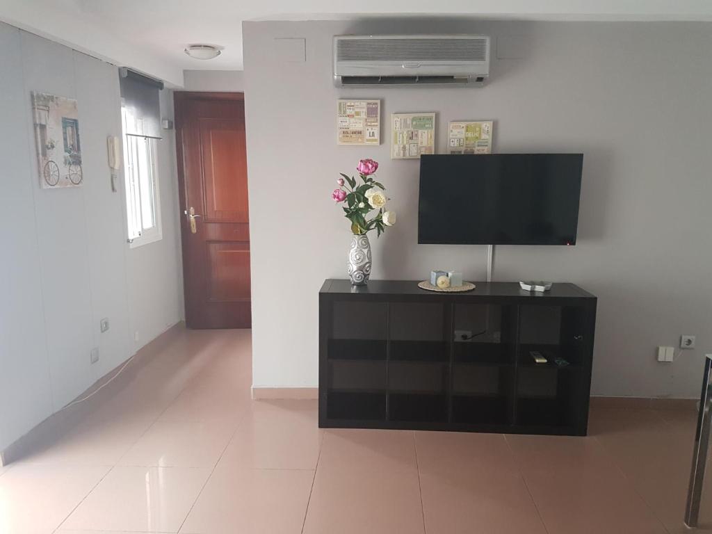 a living room with a television and a vase of flowers at Sun and Beach Spain 1B in Nerja