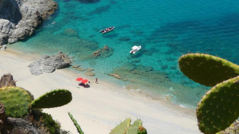 an aerial view of a beach with boats in the water at Villa Kampia in Capo Vaticano