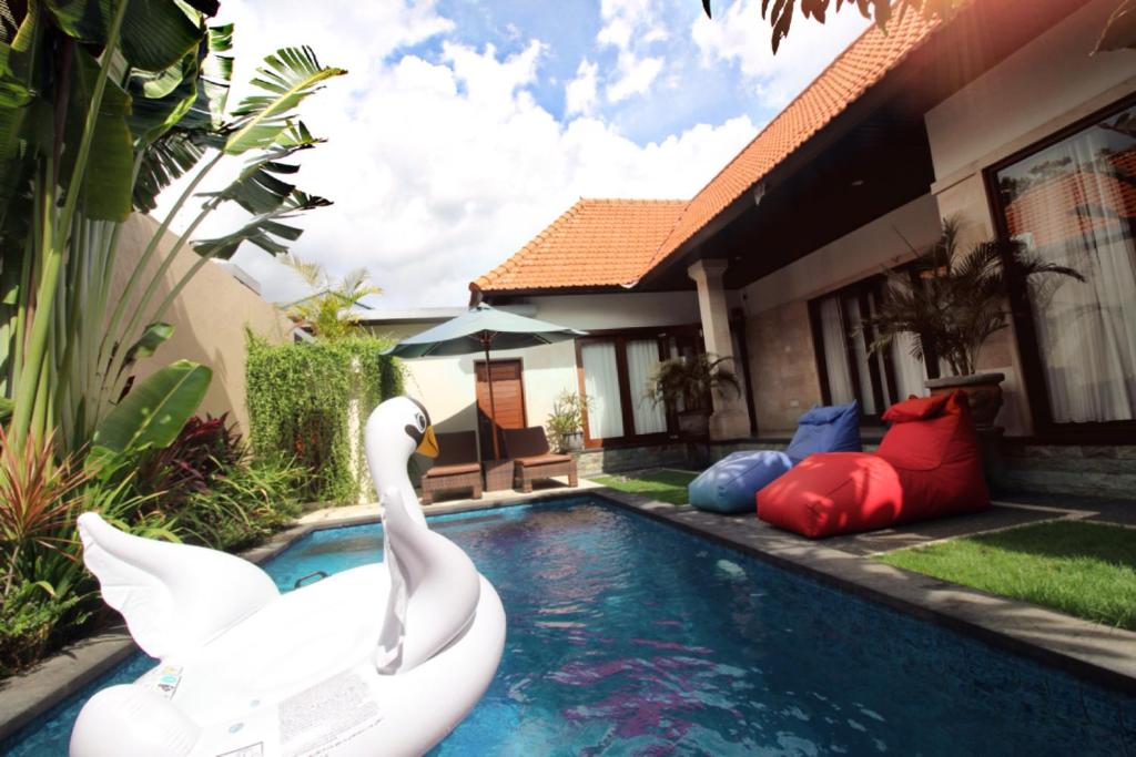 łabędź w basenie obok domu w obiekcie The Green Kamboja Villa w mieście Sanur