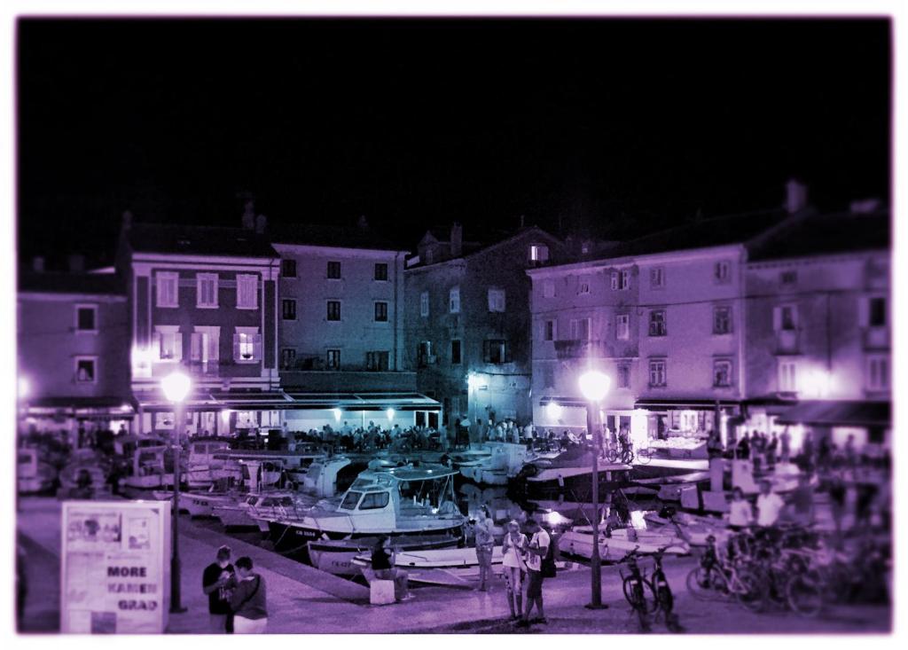 a group of people standing around a harbor at night at Guest House Neho in Cres