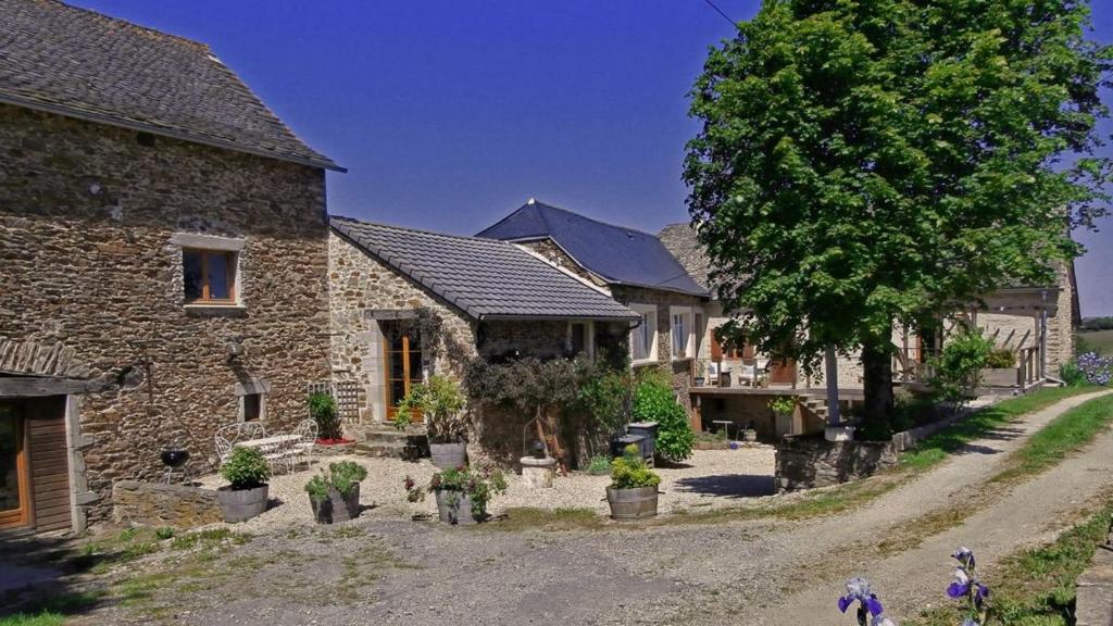 uma velha casa de pedra com vasos de plantas numa estrada de terra em Domaine de Lasfonds em Rieupeyroux