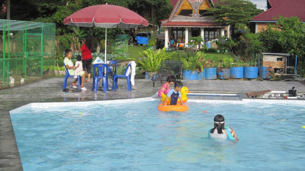 a group of children playing in a swimming pool at Horas Family Home in Tuktuk Siadong