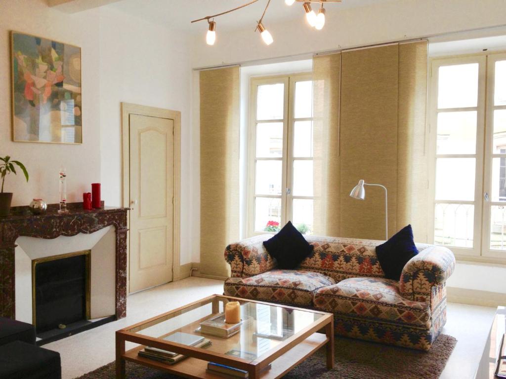 sala de estar con sofá y chimenea en Apartment Carnot en Carcasona