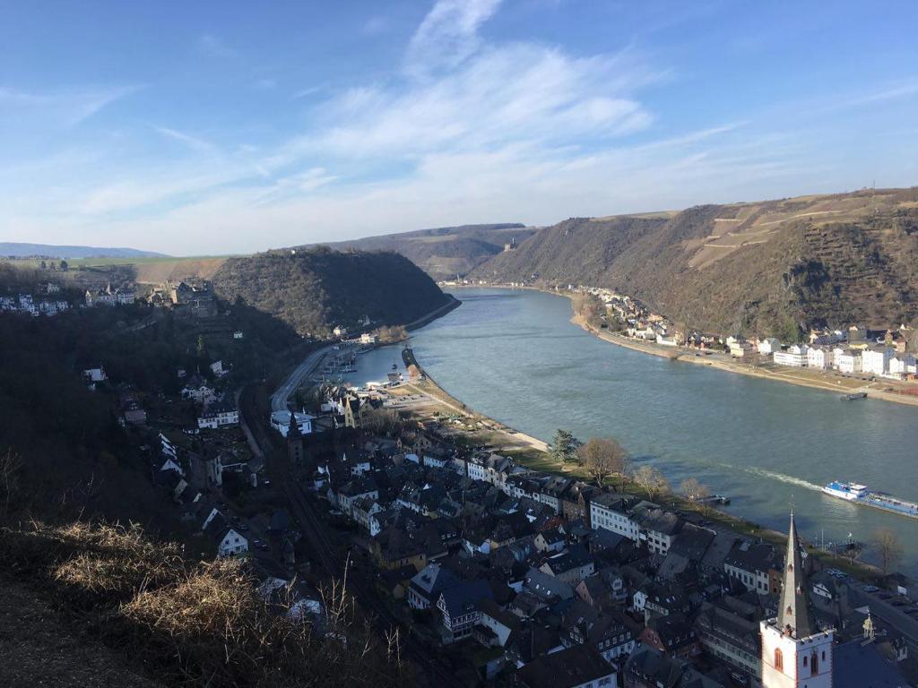 a view of a river with a town and a city at Kleine Pearl in Biebernheim