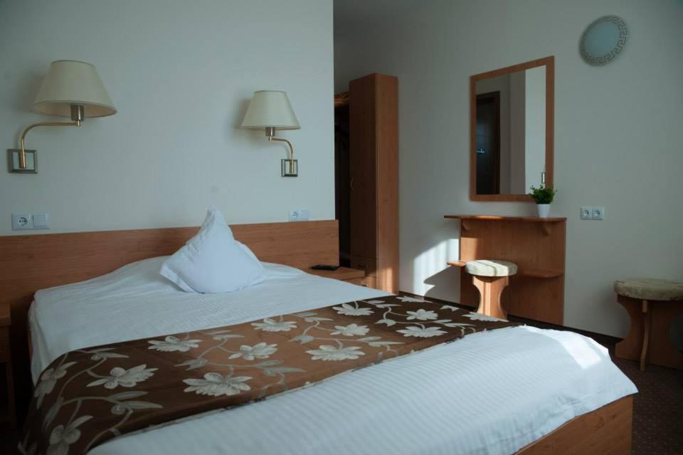 a bedroom with a large bed with a brown and white blanket at Vila Boema in Marghita