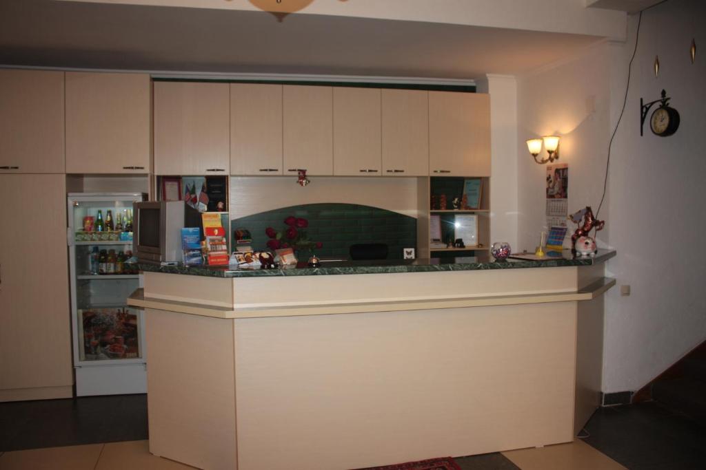 a kitchen with a counter and a refrigerator at Berkana Hotel in Almaty