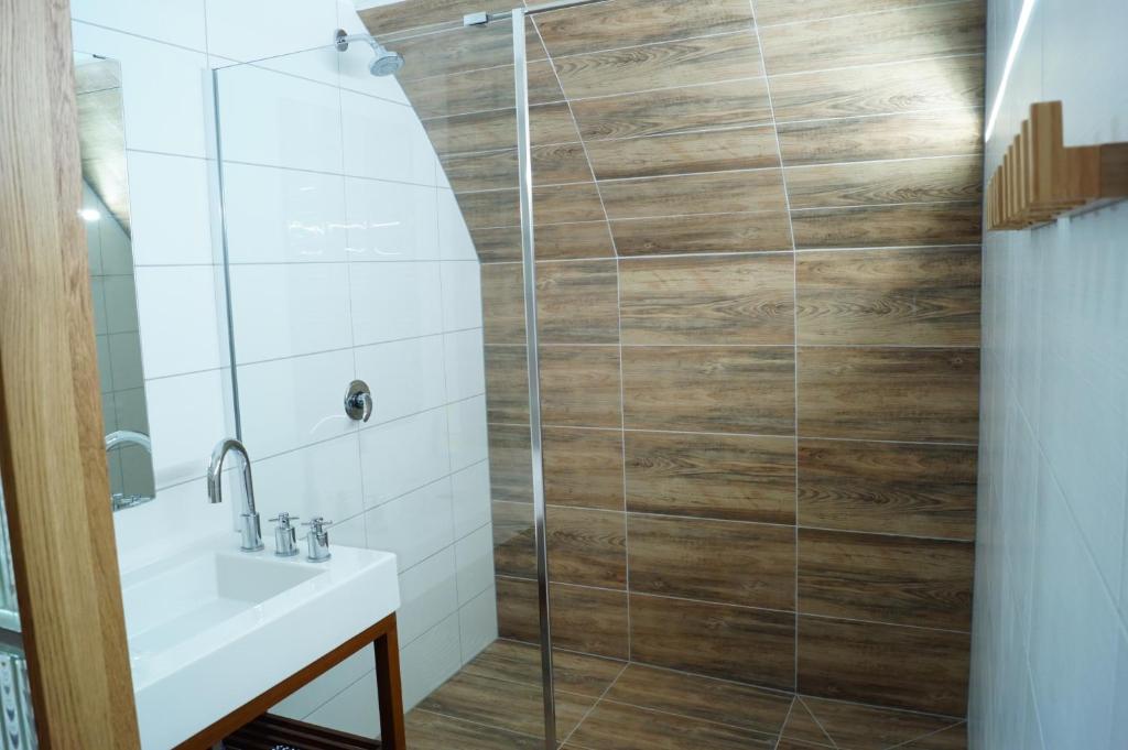 a bathroom with a shower and a sink at Apartmány u komína in Terezín