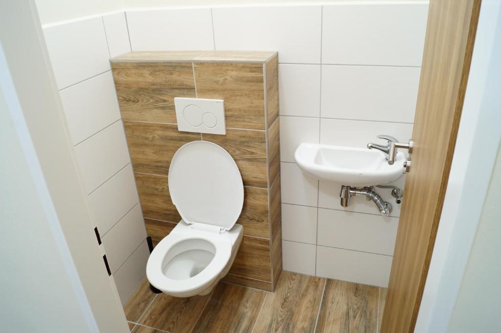 a bathroom with a toilet and a sink at Apartmány u komína in Terezín