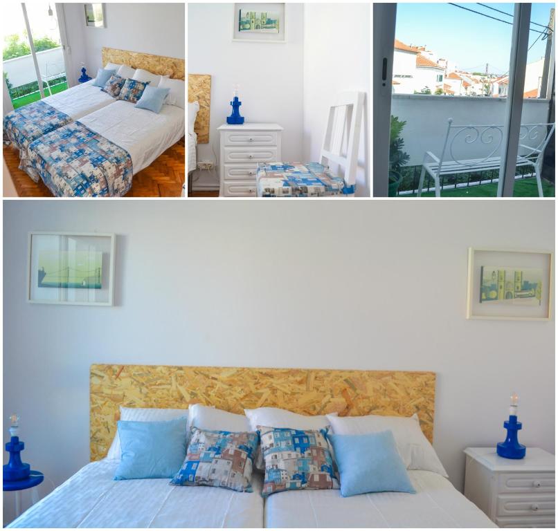 two pictures of a bedroom with a bed and a balcony at Belém River Apartment in Lisbon