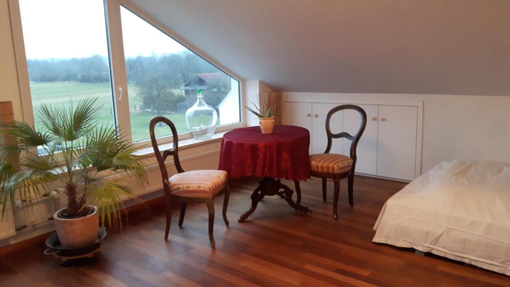 アラースハウゼンにあるhelles Dachstudioのテーブルと椅子2脚、窓が備わる客室です。