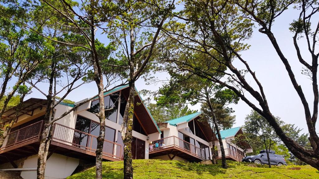 Green Forest Rustic Houses في مونتيفيردي كوستاريكا: منزل في الغابة مع الأشجار