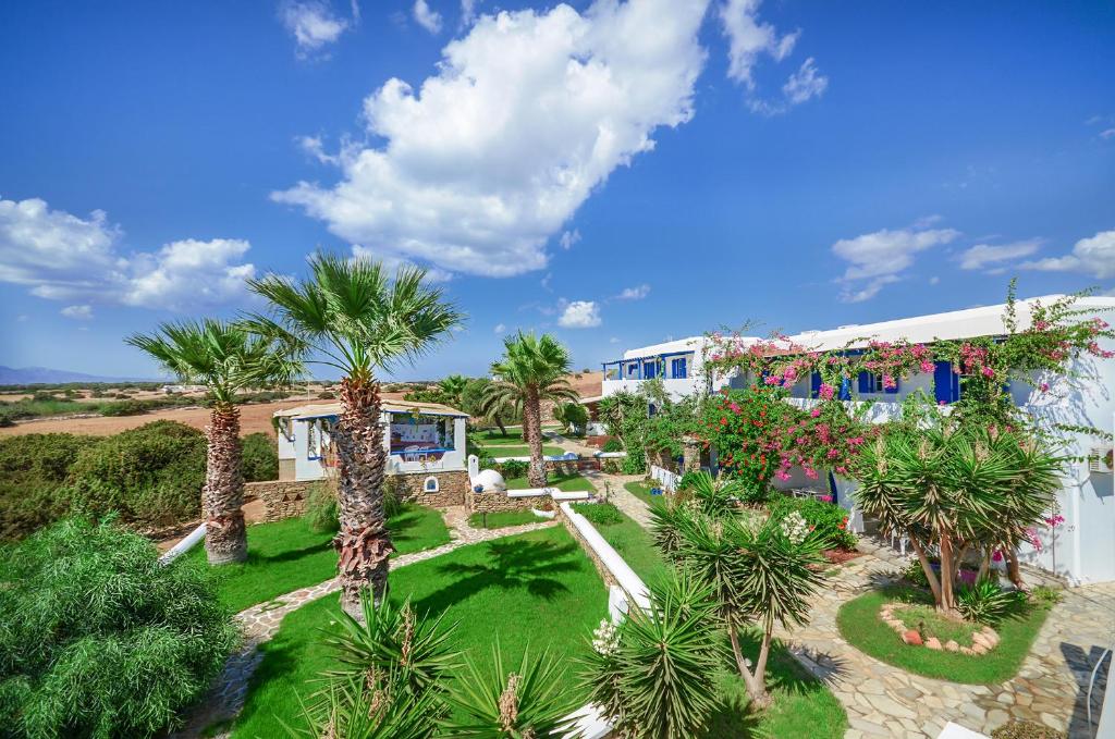 an aerial view of a house with palm trees at Skarmoutsos Studios in Aliko Beach