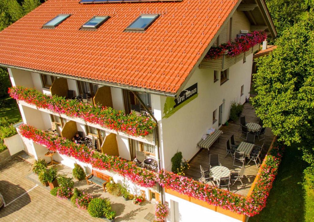 an aerial view of a building with an orange roof at Drei Tannen in Bodenmais