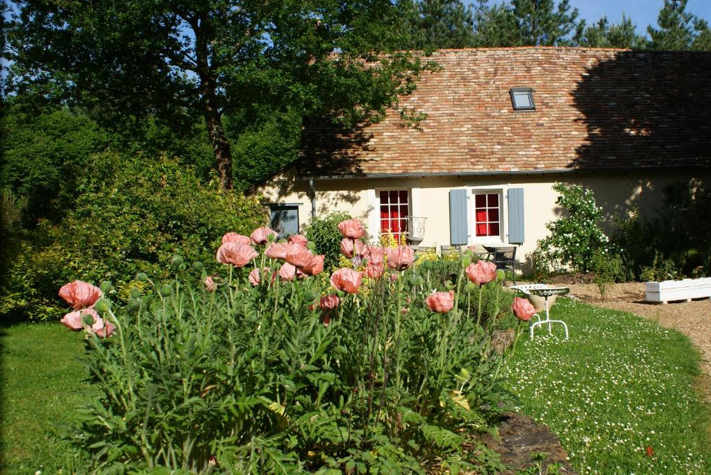 um jardim com flores cor-de-rosa em frente a uma casa em La Chaine em Saint-Jean-du-Bois