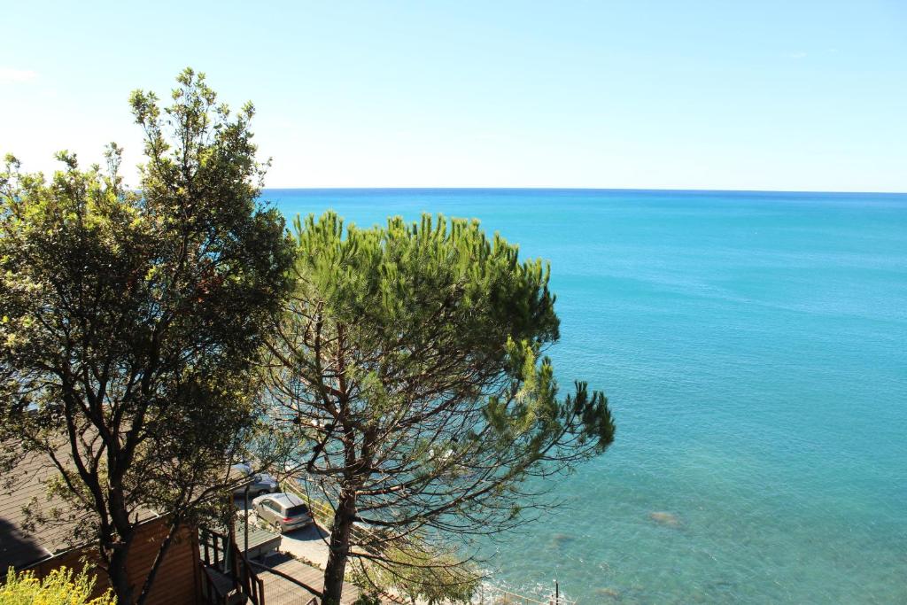 a view of the ocean with two trees on the beach at Il Rospo in Moneglia