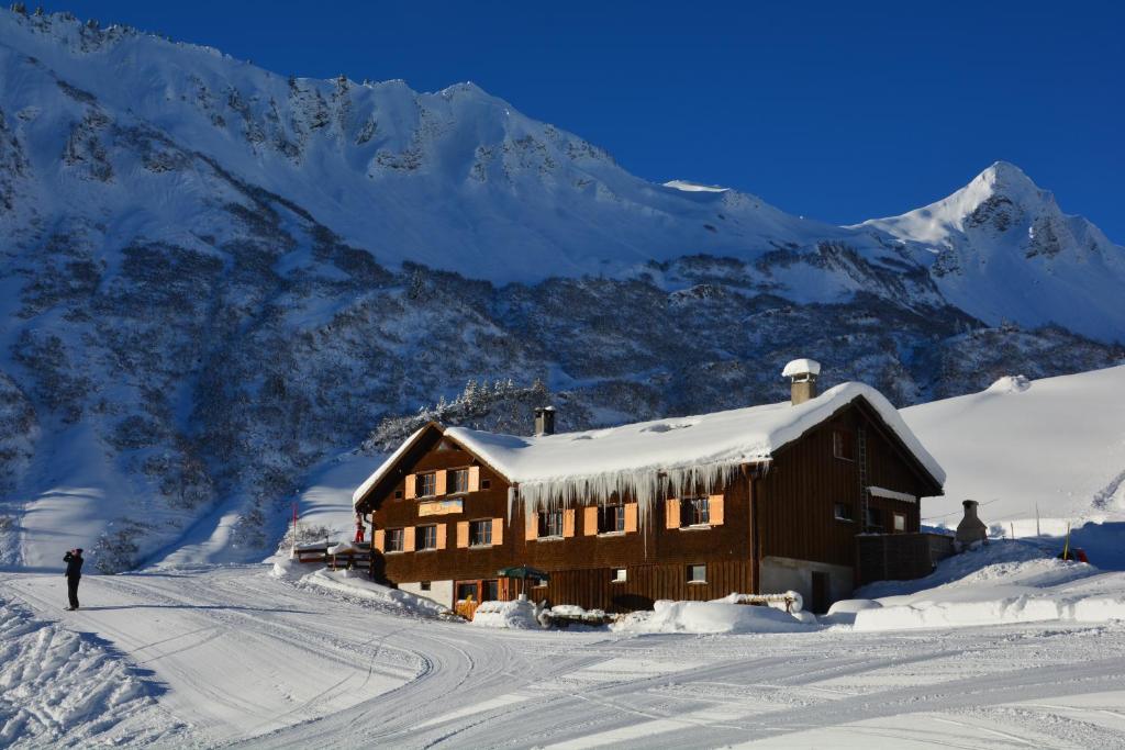 達米爾斯的住宿－Alm – Chalet Domig，雪中的房子,背景是山