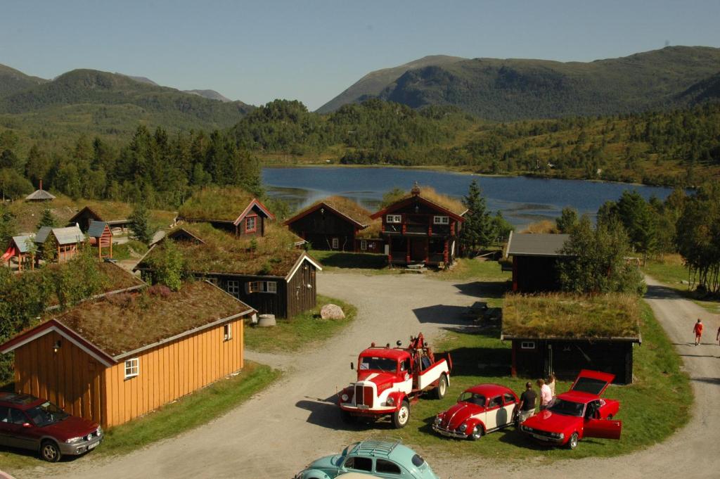 un grupo de coches estacionados en un pueblo con un lago en Eventyrlige Skaret, en Årøy