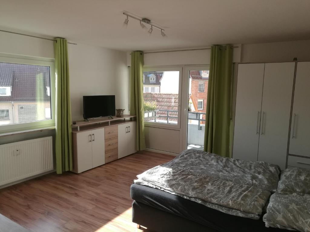 een slaapkamer met een bed, een tv en ramen bij Apartment Gablenberg in Stuttgart