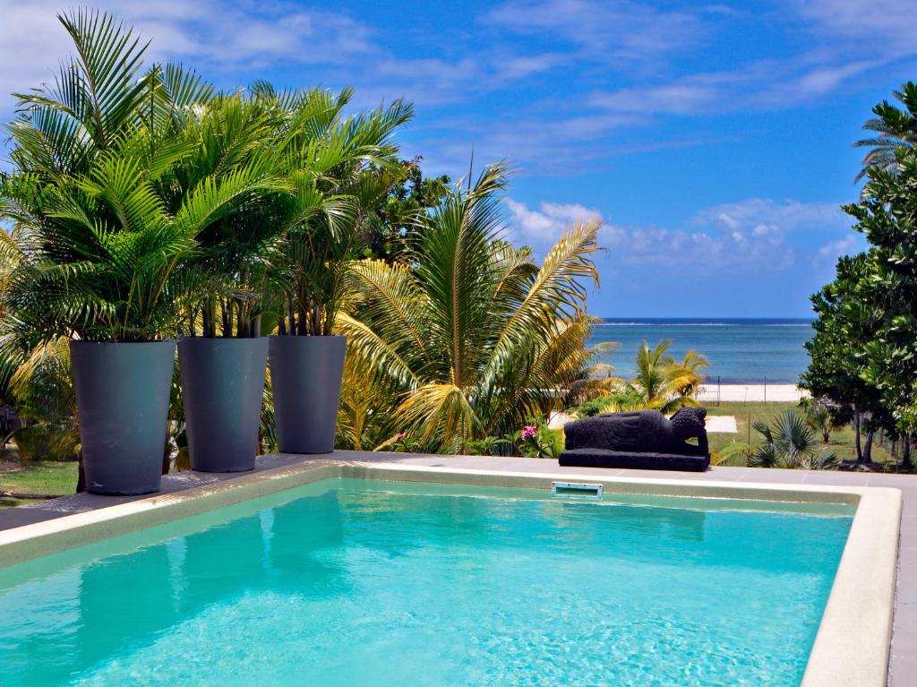 a swimming pool with a view of the ocean at Villa Antema in Riambel