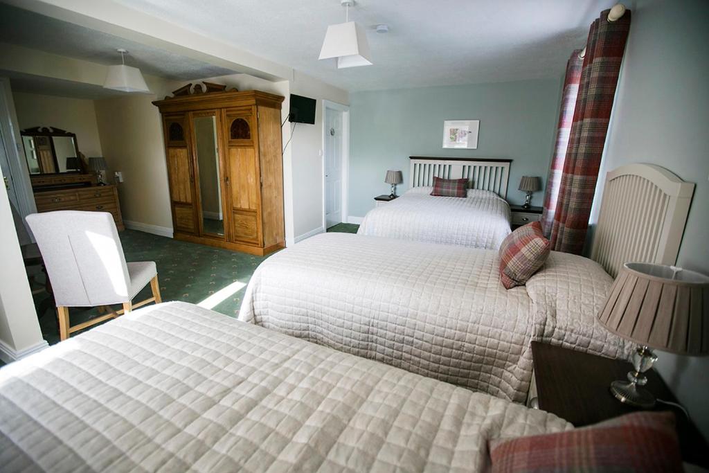 una camera con 2 letti, una sedia e una lampada di Moloney House a Doolin