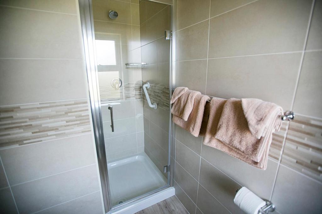 bagno con doccia e porta in vetro di Moloney House a Doolin