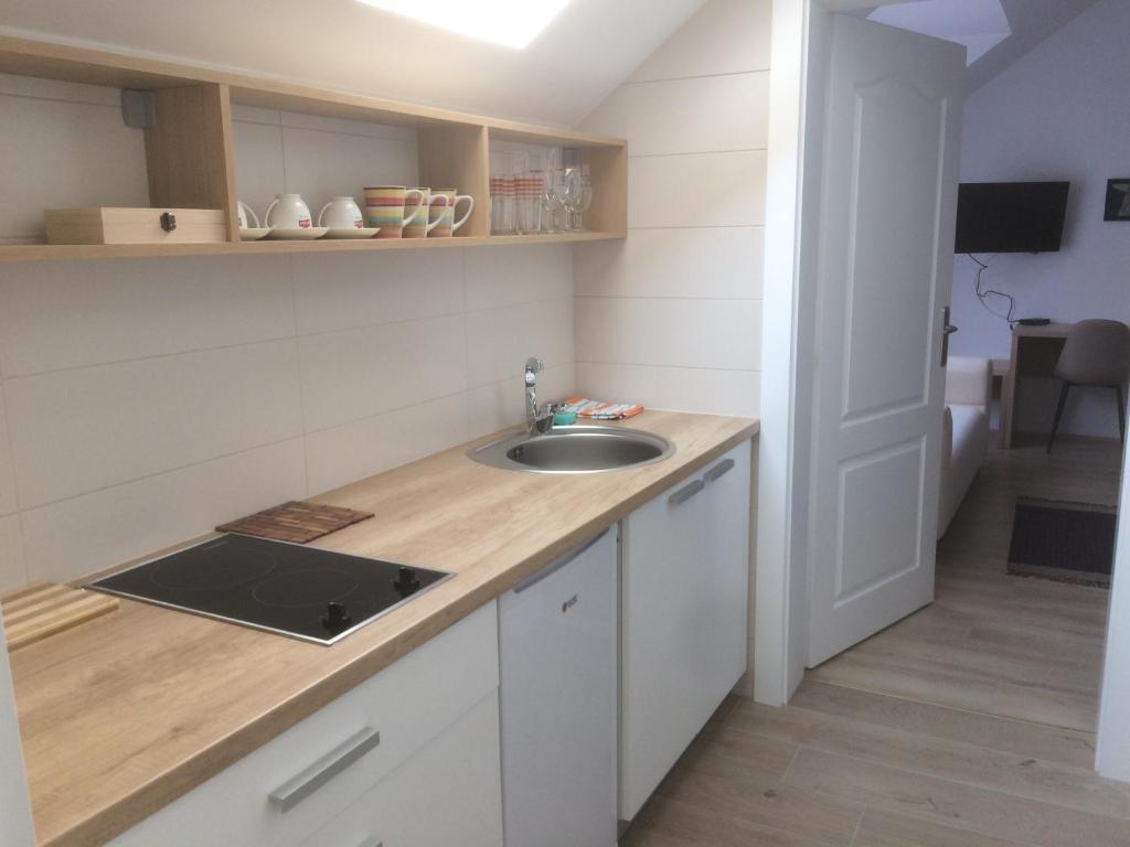 uma cozinha com um lavatório e uma bancada em Apartment Mašić em Sombor