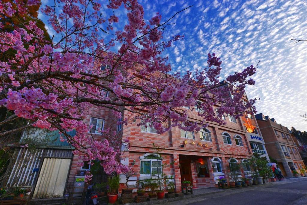 中正村／里／區的住宿－青山別館，一座建筑物前有粉红色花的树